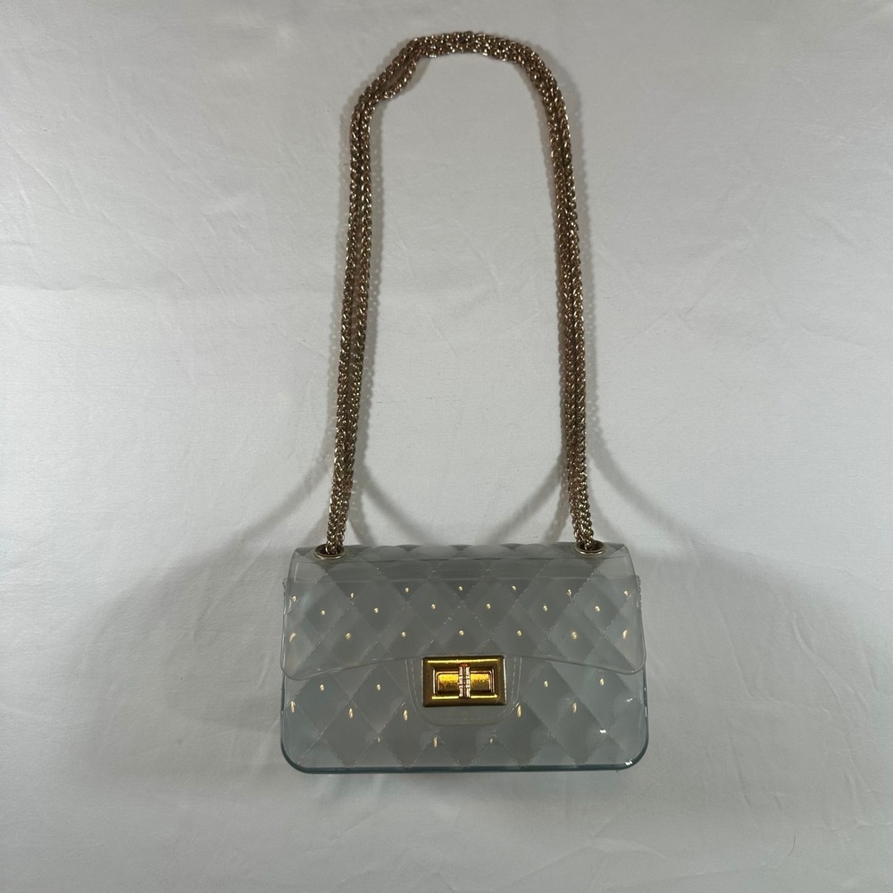 Clear Quilted Jelly Crossbody Mini Bag Shoulder Purse 6.25"x 4" Gold Chain Strap - Picture 6 of 10